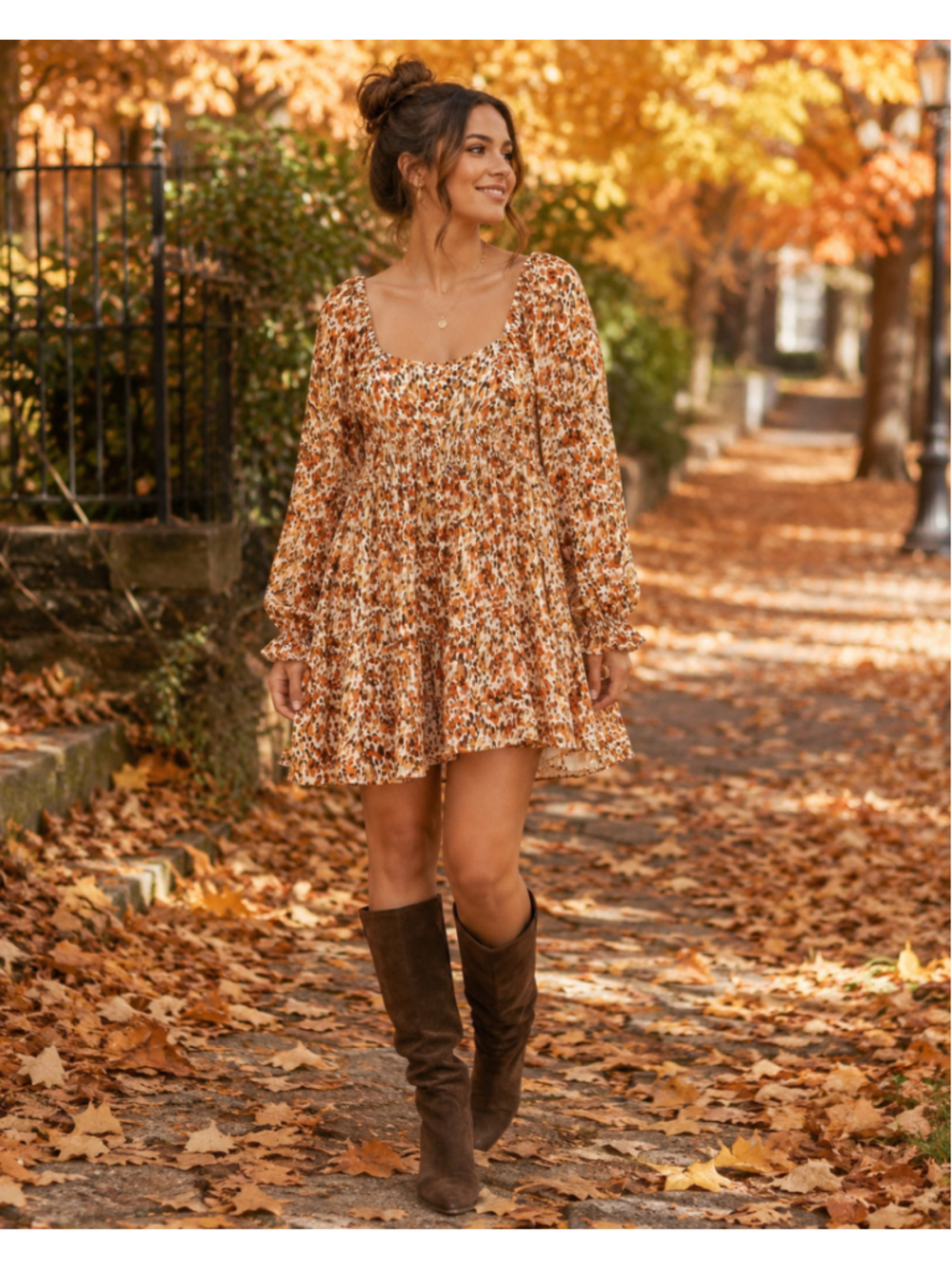 Women’s Brown Floral Long-Sleeve Smock Dress
